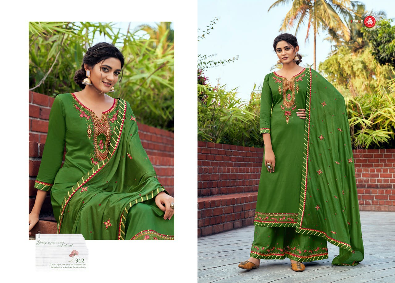 Triple AAA Kesar 5 jam silk dupatta Chinon work with Four Side salwar suit catalog