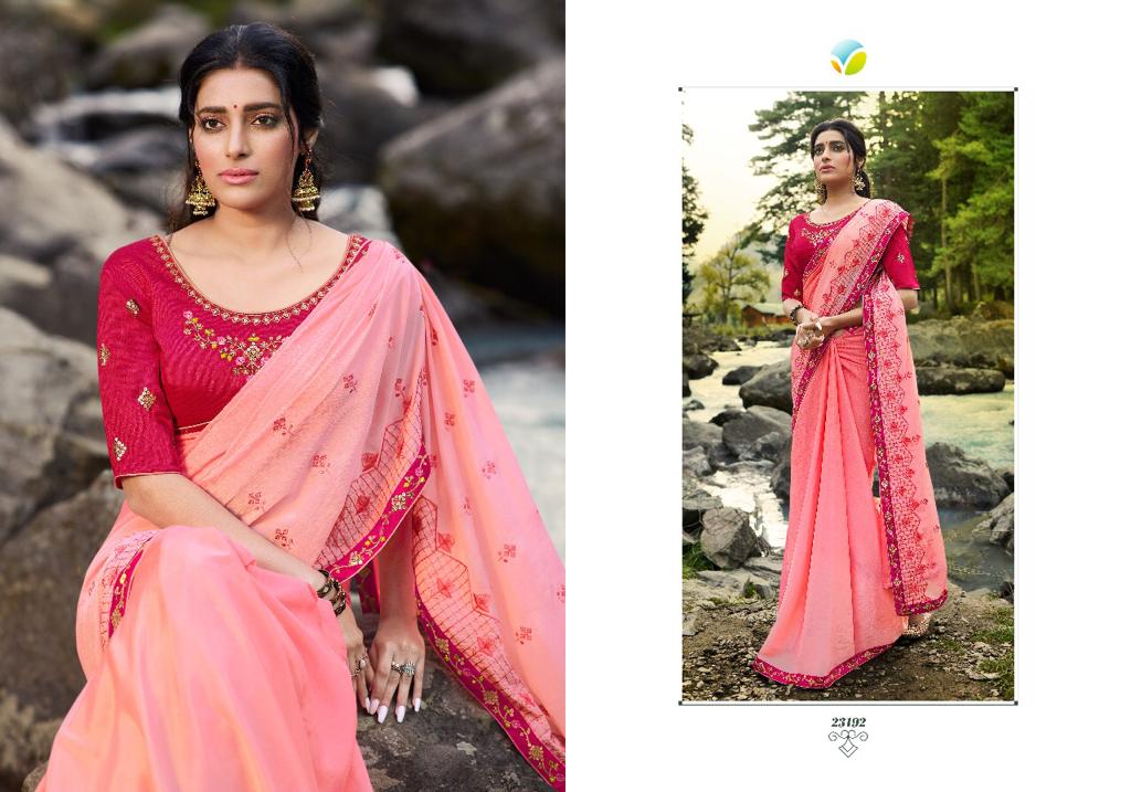 vinay fashion sheesha saffron chiffon grandeur look saree catalog