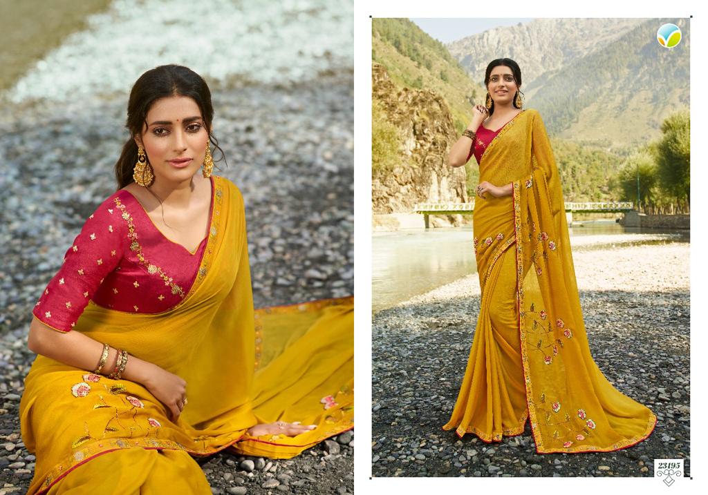 vinay fashion sheesha saffron chiffon grandeur look saree catalog