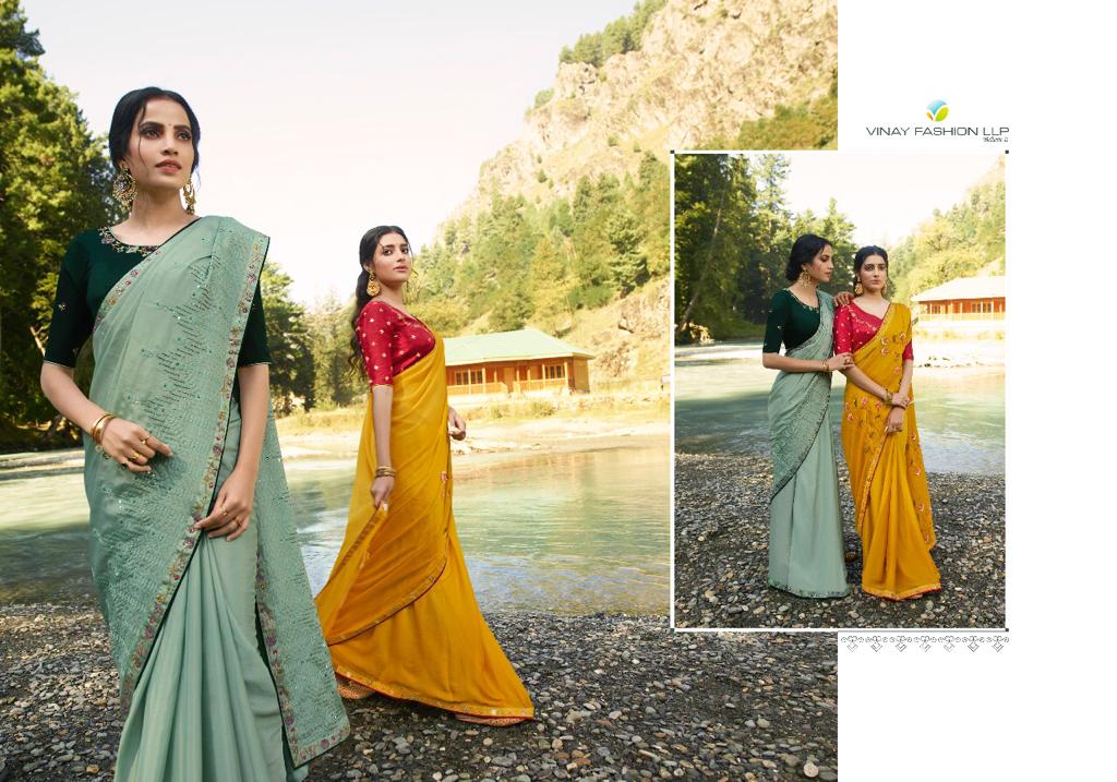 vinay fashion sheesha saffron chiffon grandeur look saree catalog