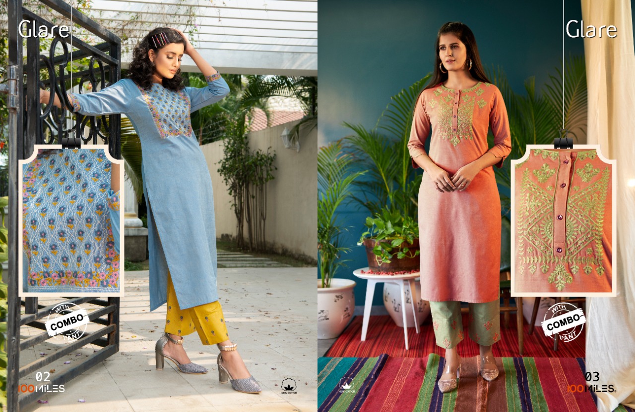 100 miles glare  cotton  authentic fabric kurti with combo pant catalog