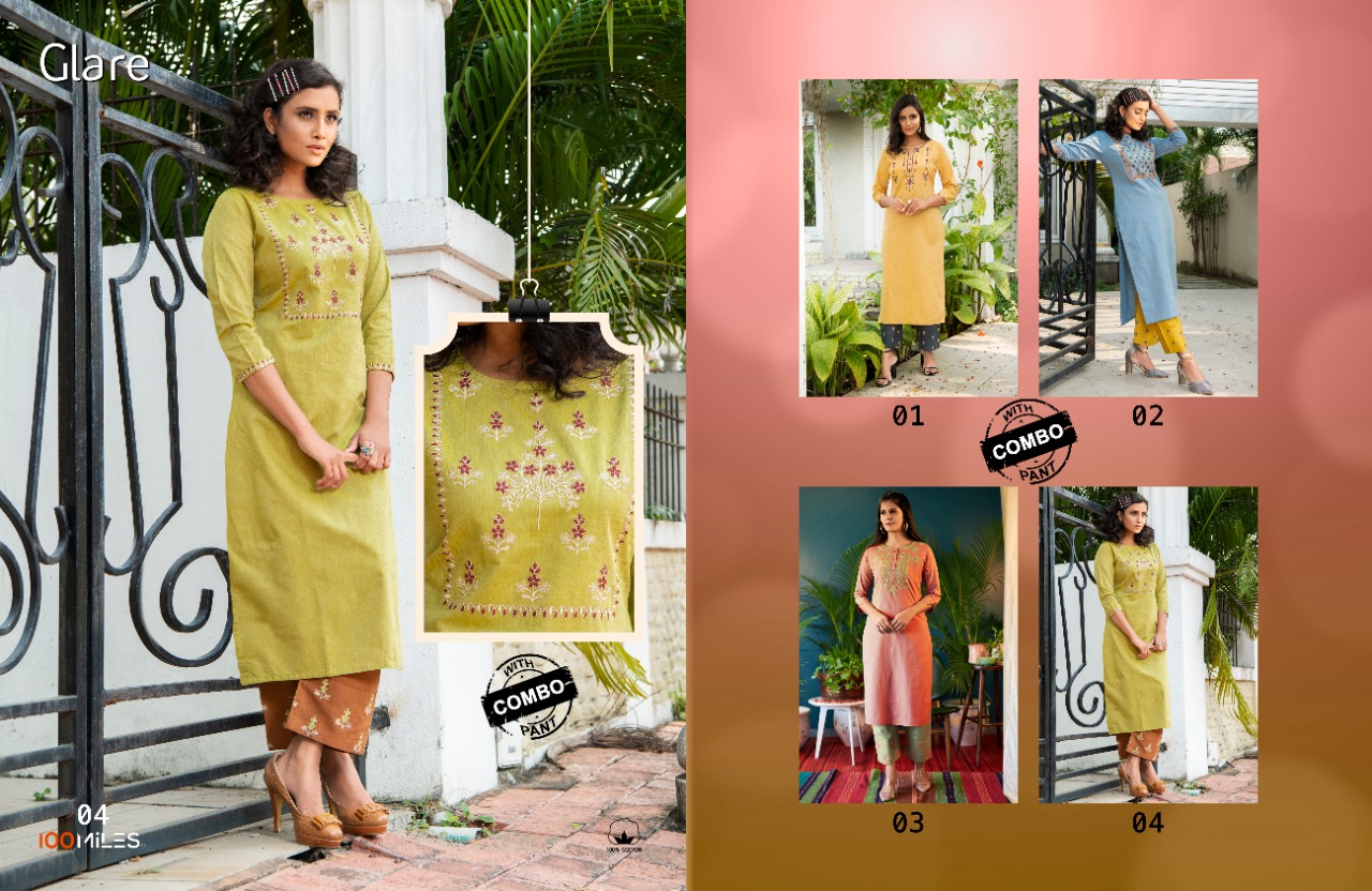 100 miles glare  cotton  authentic fabric kurti with combo pant catalog