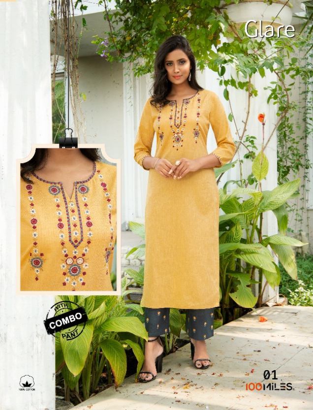 100 miles glare  cotton  authentic fabric kurti with combo pant catalog