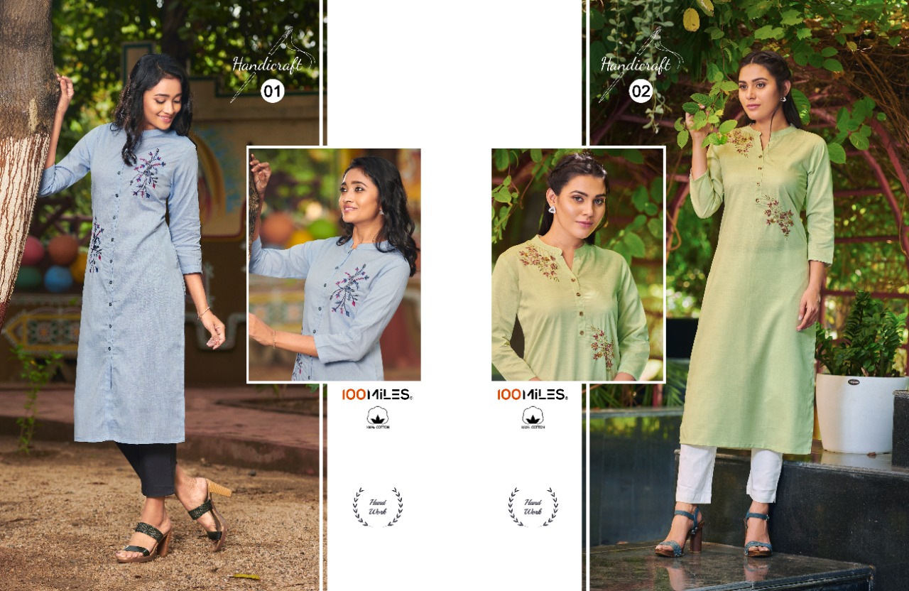 100 miles handicraft cotton regal look kurti catalog