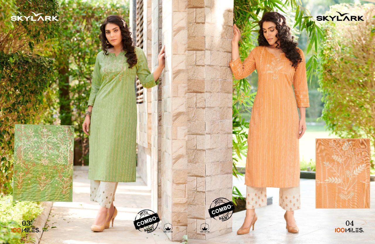 100 Miles SKYLARK Cotton pattern embroidered kurtis with