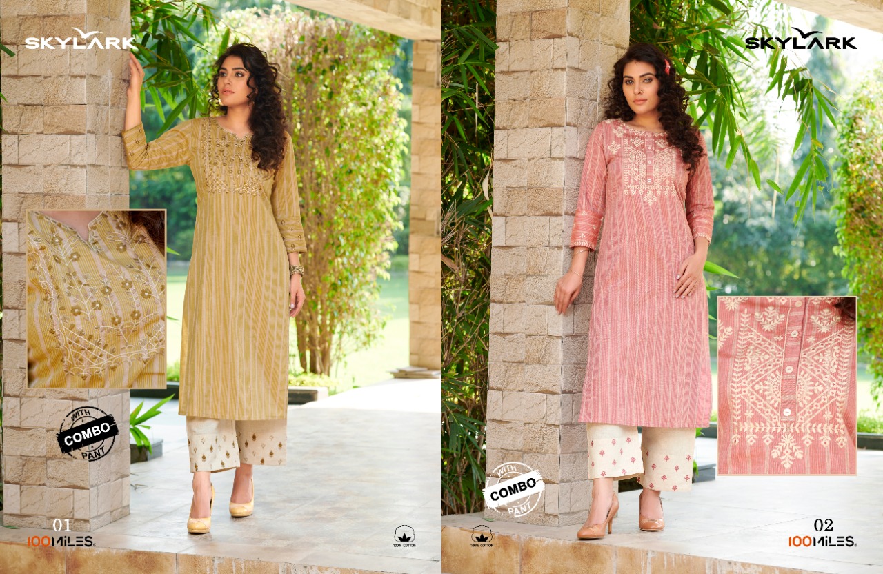 100 Miles SKYLARK Cotton pattern embroidered kurtis with