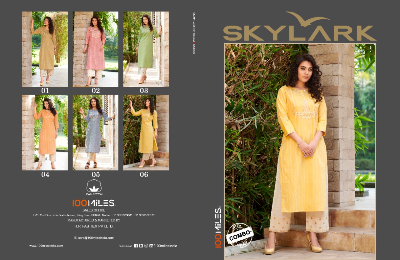 100 Miles SKYLARK Cotton pattern embroidered kurtis with