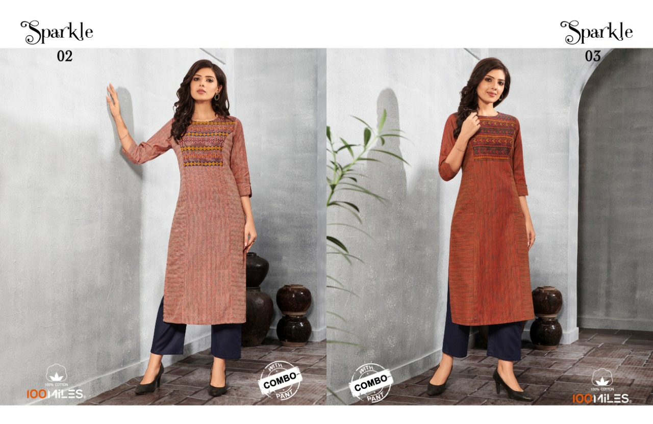 100 miles sparkle cotton decent embroidary kurti with bottom catalog