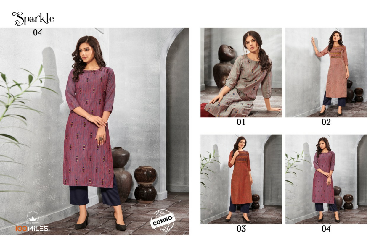 100 miles sparkle cotton decent embroidary kurti with bottom catalog