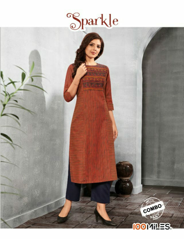 100 miles sparkle cotton decent embroidary kurti with bottom catalog