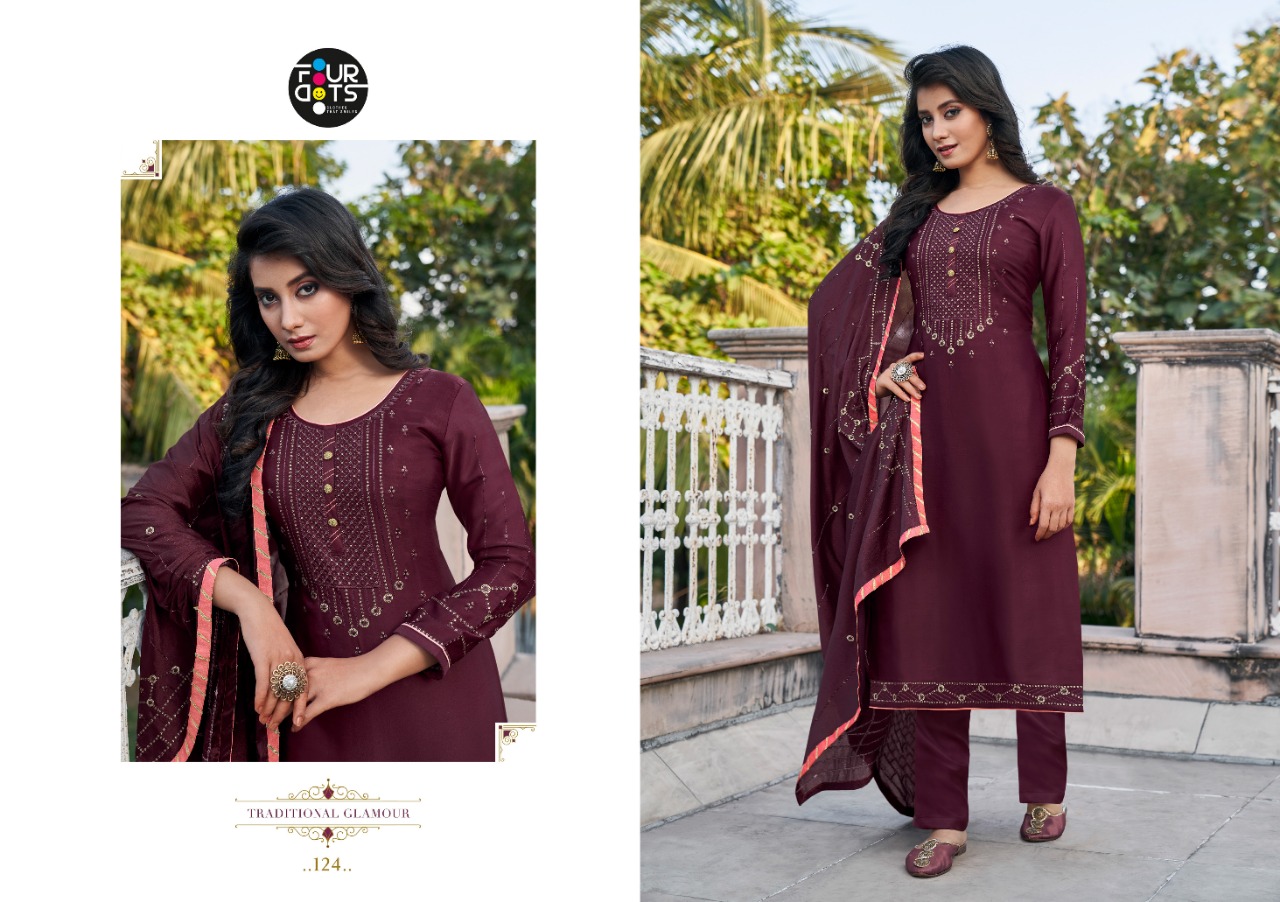 four dots shubharambh vol 2 satin decent look Dupatta Chinon With 3MM Sequance Work Work With Fancy Borde salwar suit catalog