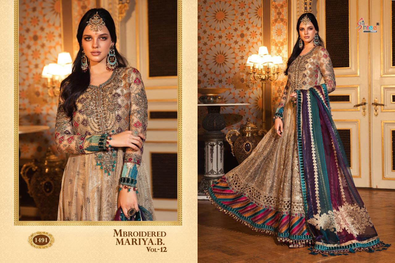 shree fab mbroidered mariya b vol 12 pure organza regal look salwar suit catalog