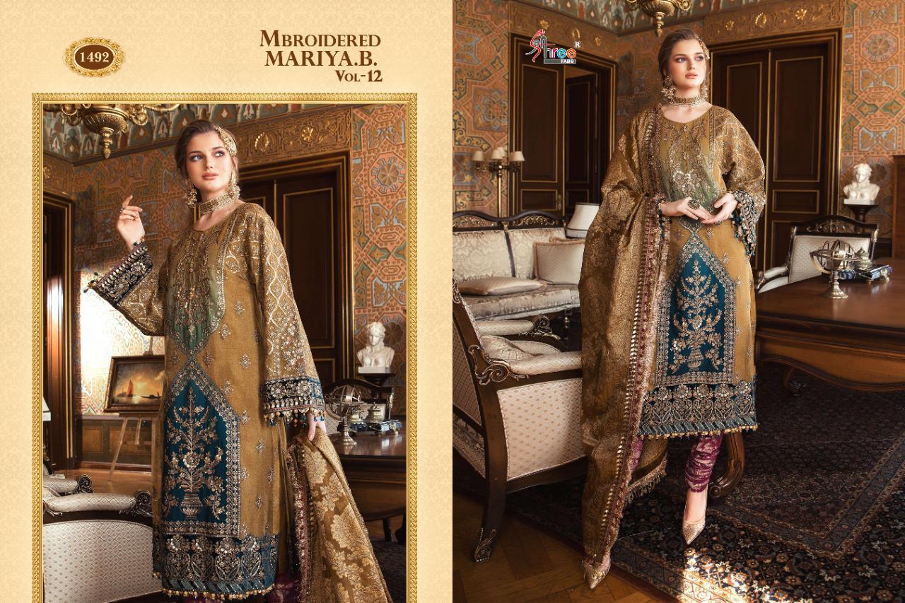 shree fab mbroidered mariya b vol 12 pure organza regal look salwar suit catalog