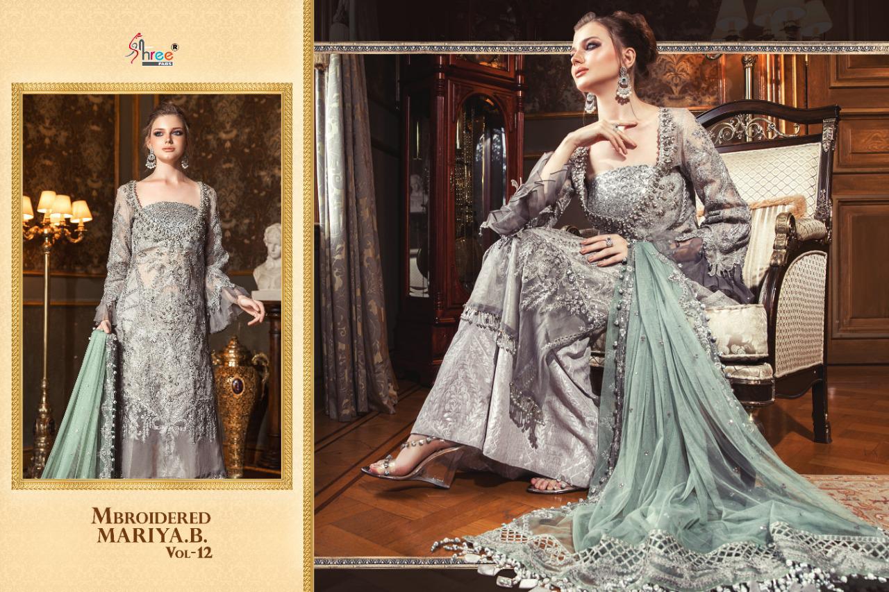 shree fab mbroidered mariya b vol 12 pure organza regal look salwar suit catalog