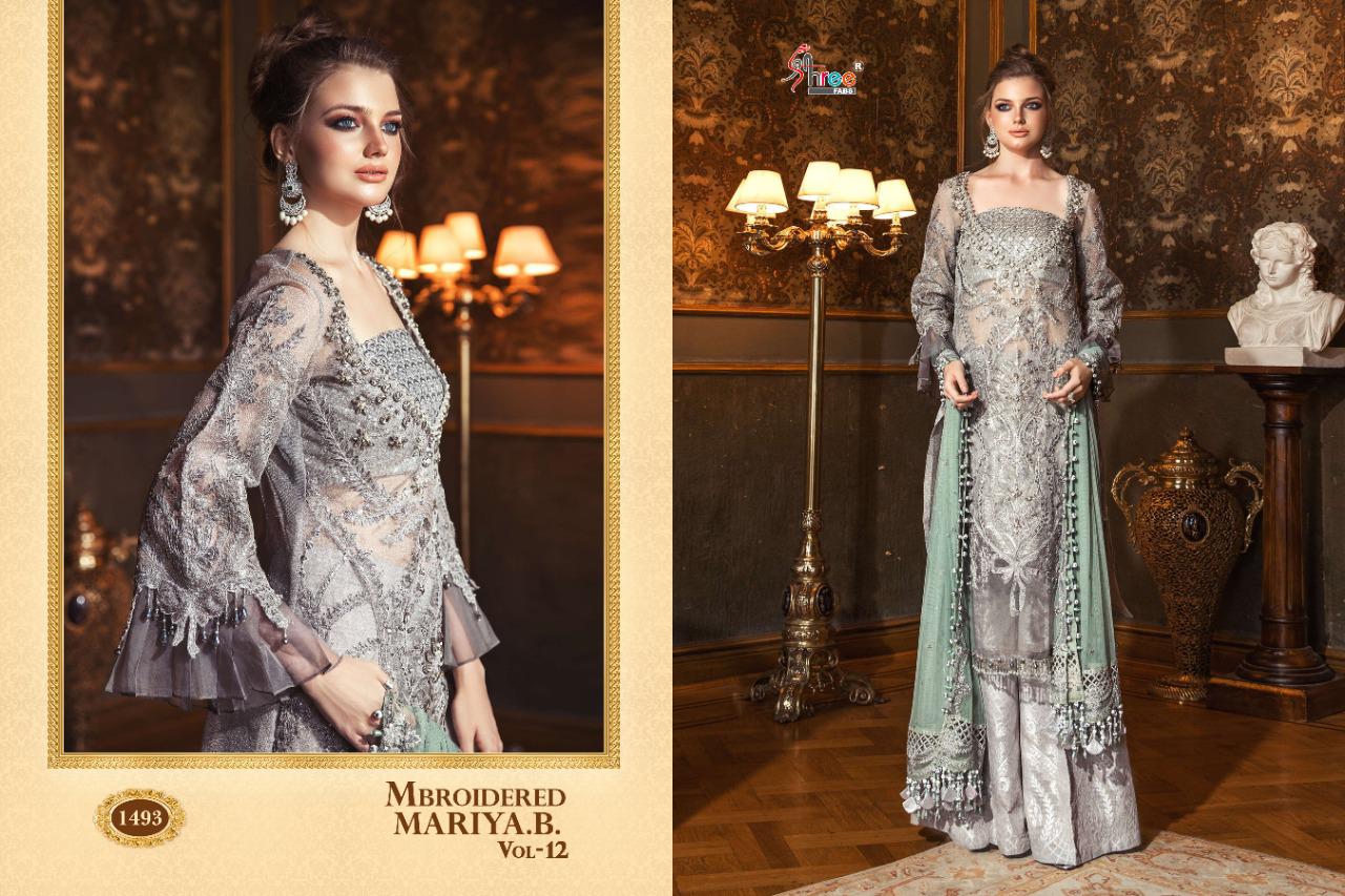 shree fab mbroidered mariya b vol 12 pure organza regal look salwar suit catalog