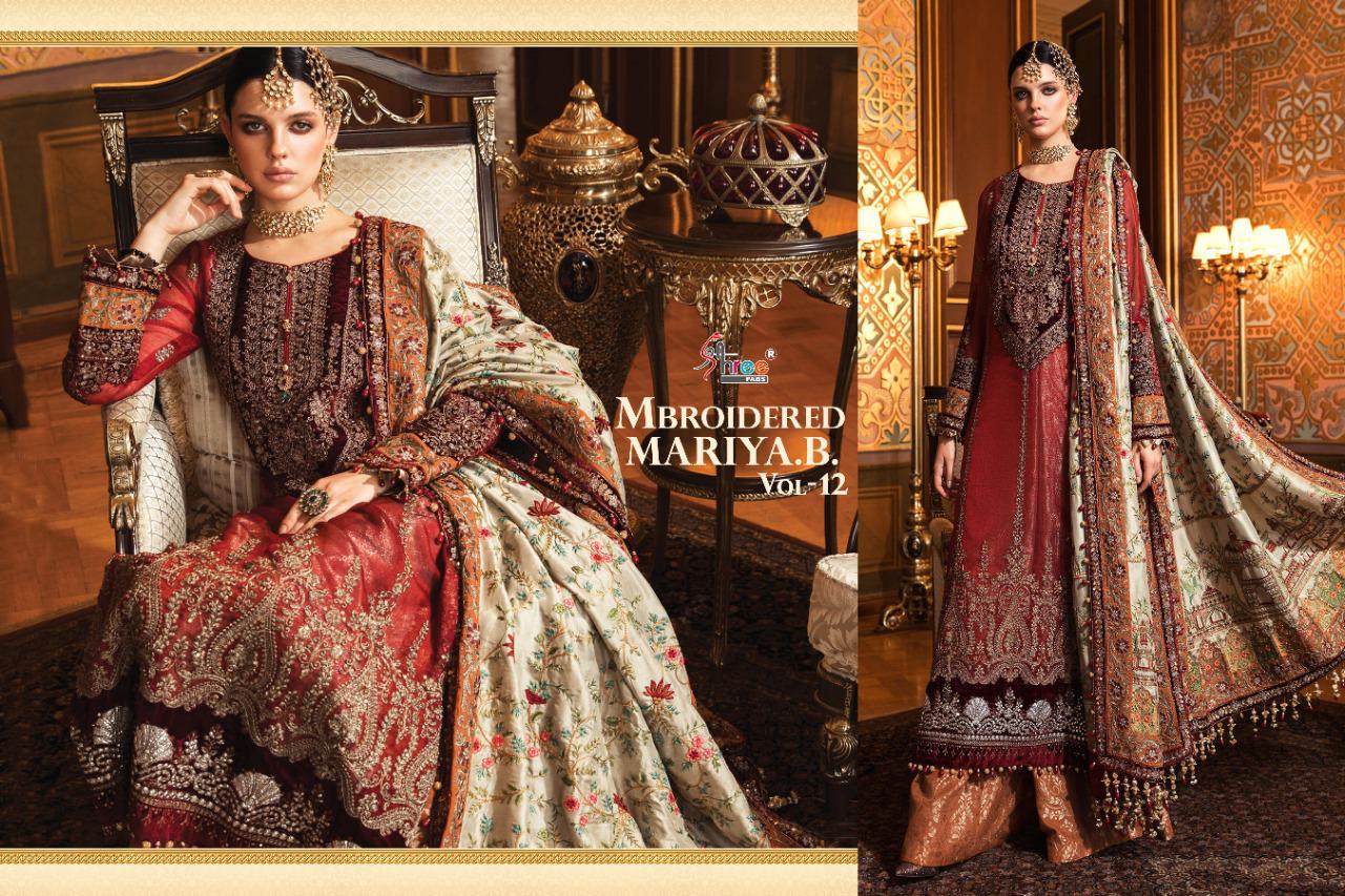 shree fab mbroidered mariya b vol 12 pure organza regal look salwar suit catalog