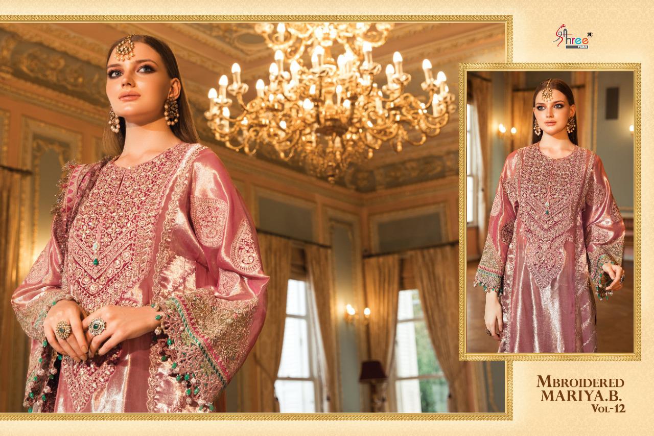 shree fab mbroidered mariya b vol 12 pure organza regal look salwar suit catalog