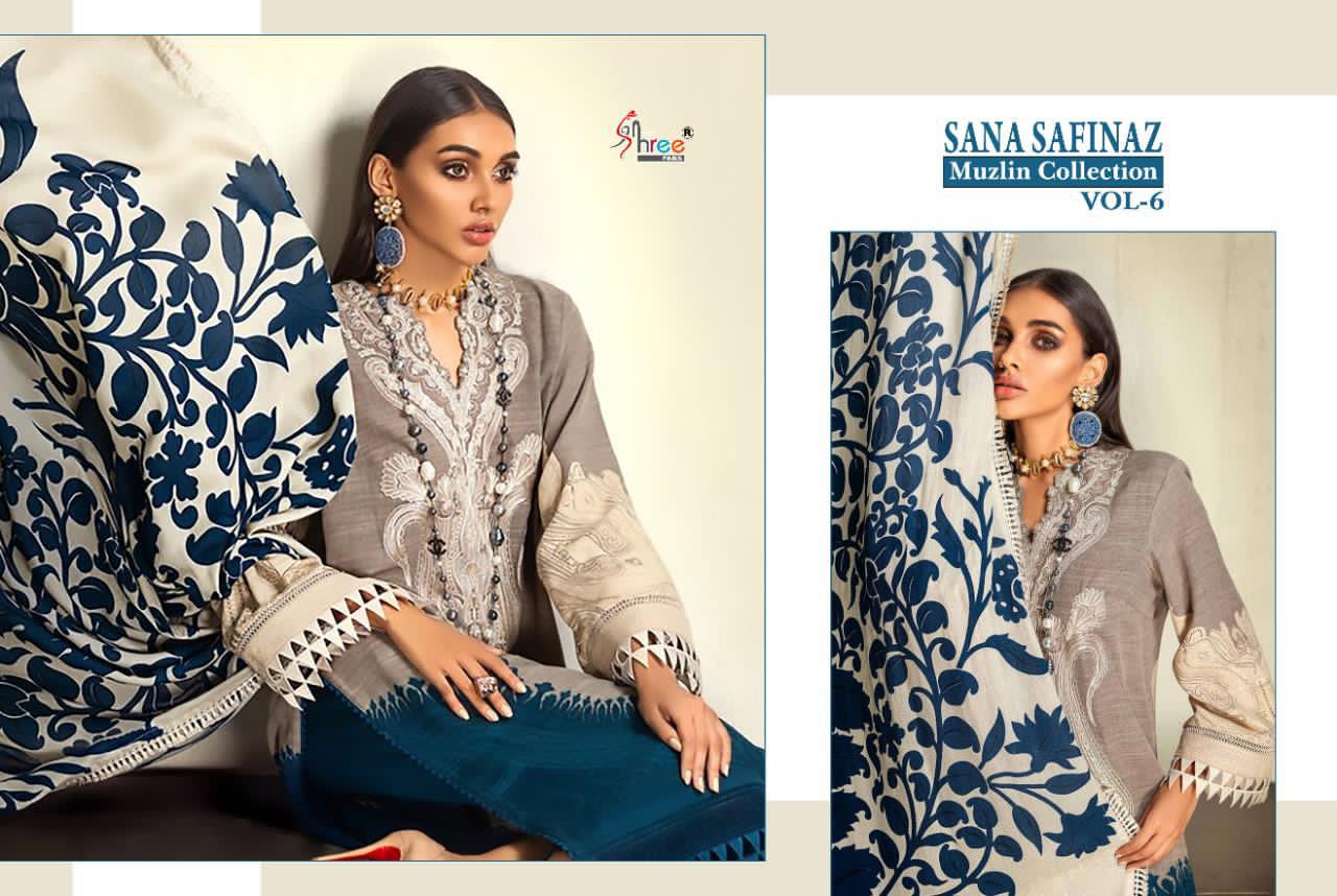 shree fab sana safinaz muzlin collection vol 6  attractive look silver dupatta salwar suit catalog