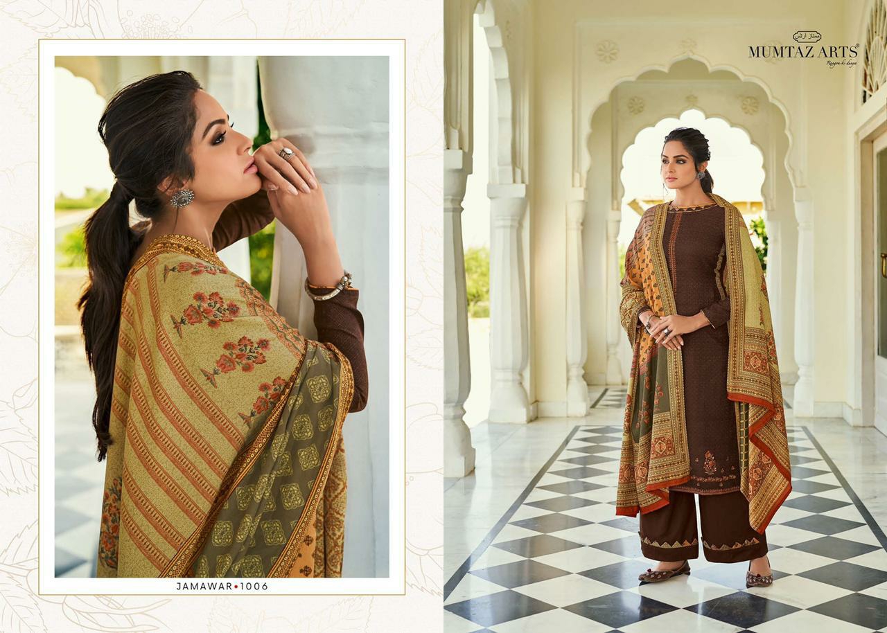 mumtaz arts jamawar satin exclusive print with decent embroidary look karachi salwar suit catalog