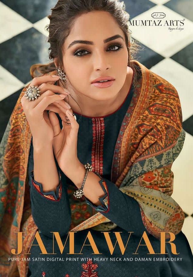 mumtaz arts jamawar satin exclusive print with decent embroidary look karachi salwar suit catalog