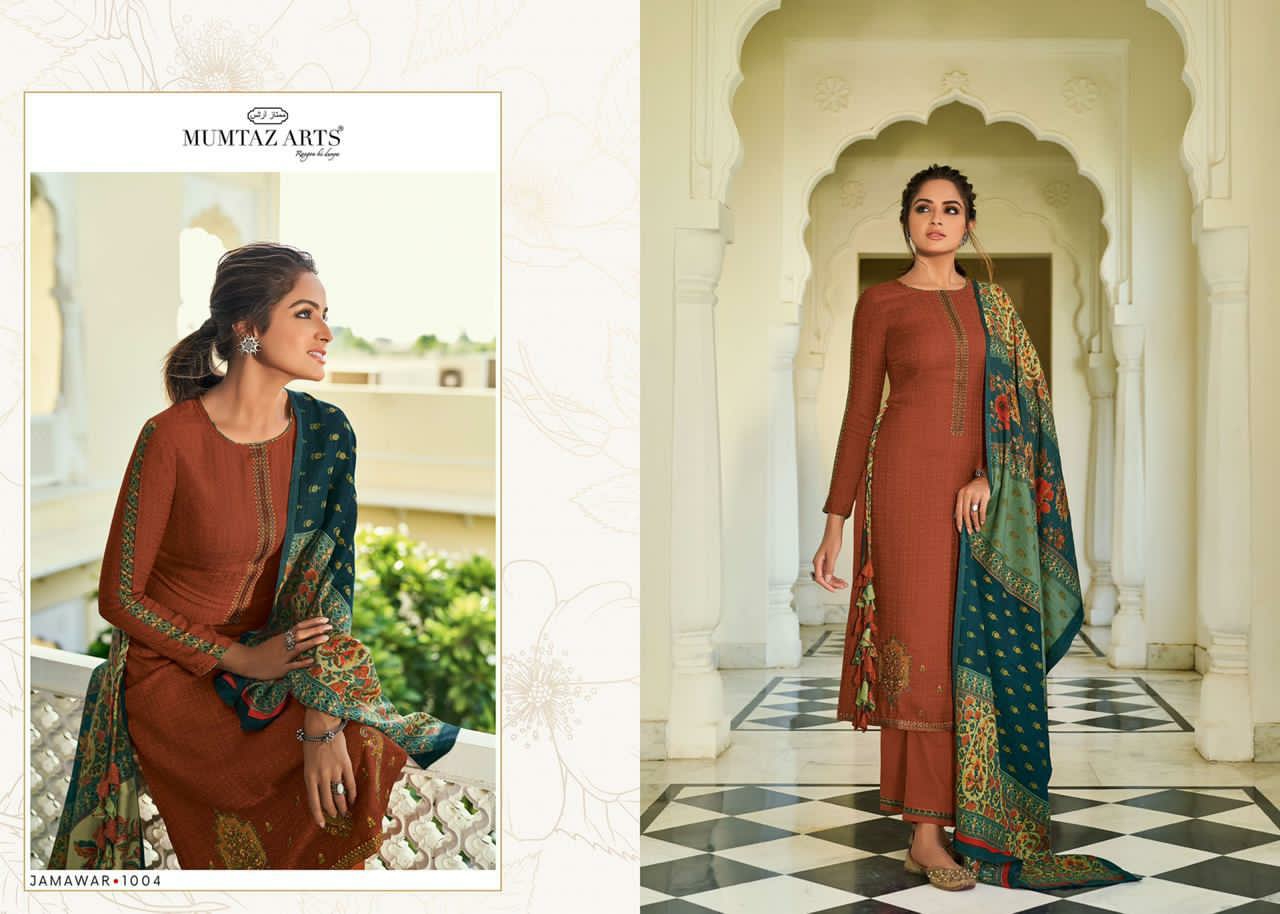 mumtaz arts jamawar satin exclusive print with decent embroidary look karachi salwar suit catalog