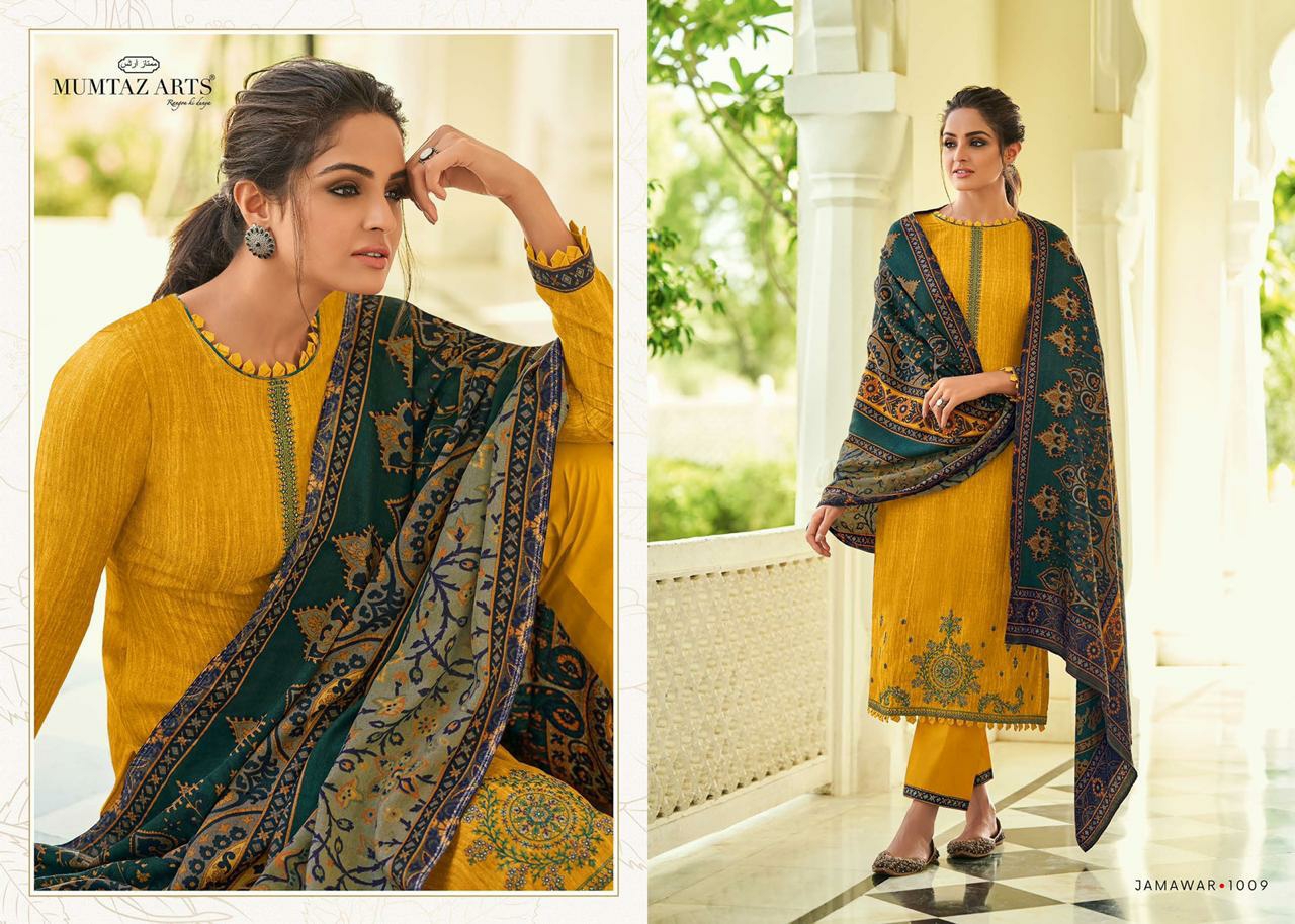 mumtaz arts jamawar satin exclusive print with decent embroidary look karachi salwar suit catalog