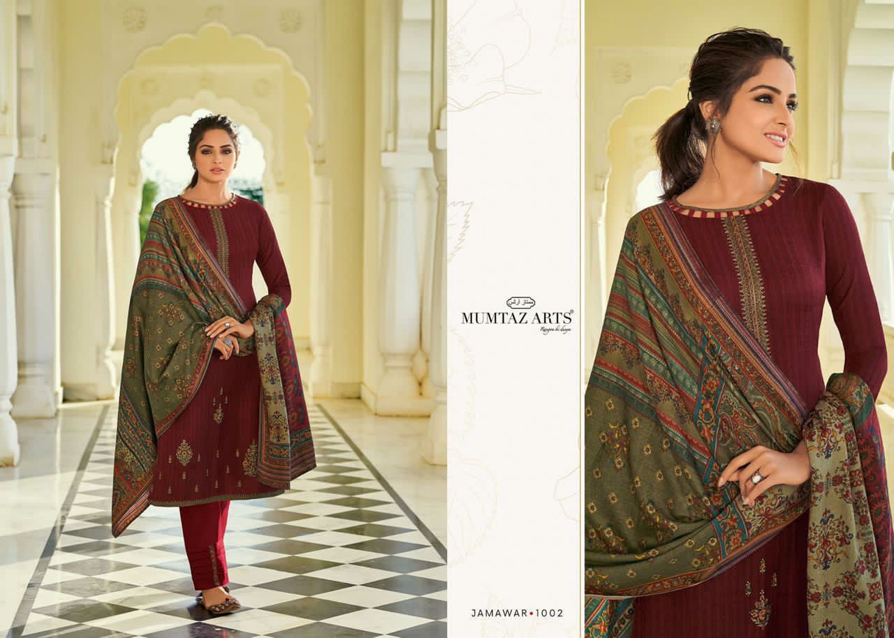 mumtaz arts jamawar satin exclusive print with decent embroidary look karachi salwar suit catalog