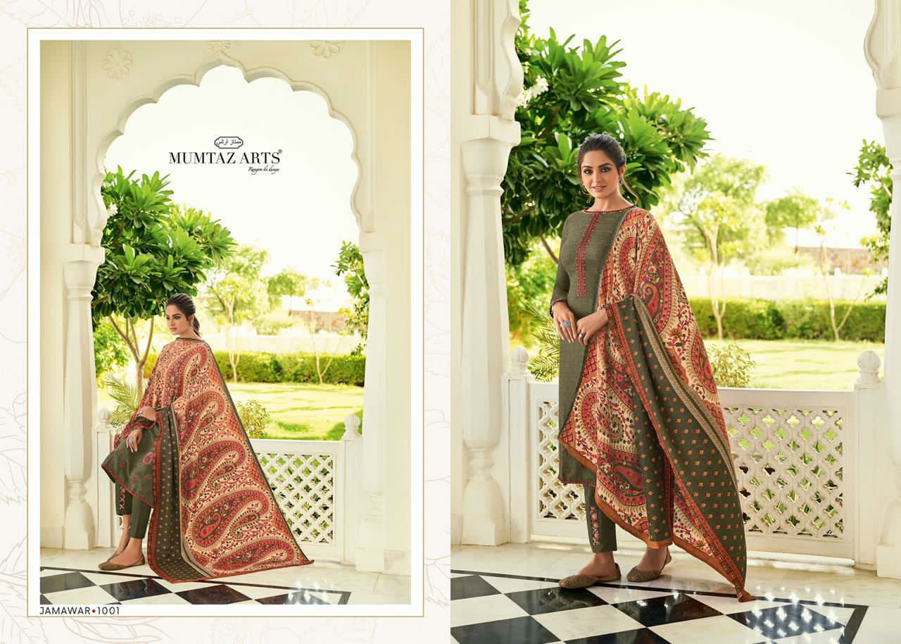 mumtaz arts jamawar satin exclusive print with decent embroidary look karachi salwar suit catalog