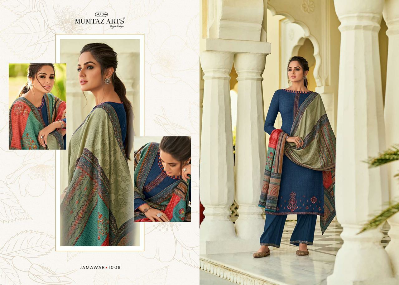 mumtaz arts jamawar satin exclusive print with decent embroidary look karachi salwar suit catalog