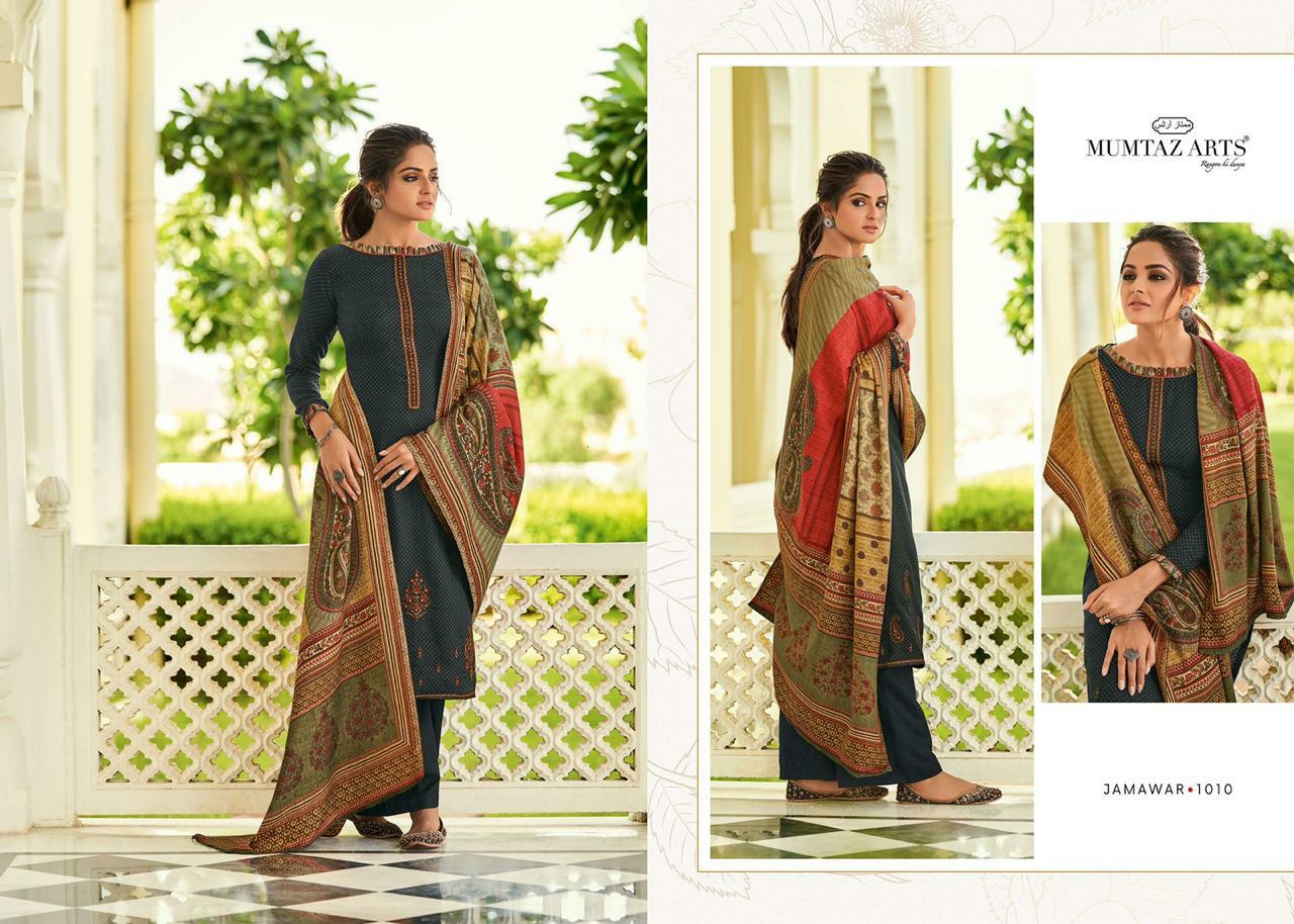 mumtaz arts jamawar satin exclusive print with decent embroidary look karachi salwar suit catalog