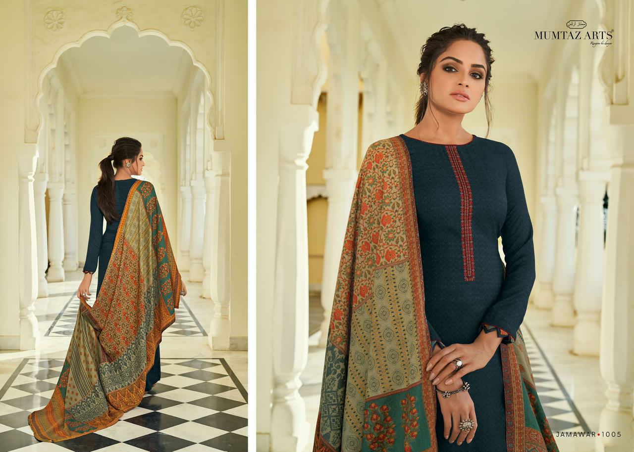 mumtaz arts jamawar satin exclusive print with decent embroidary look karachi salwar suit catalog