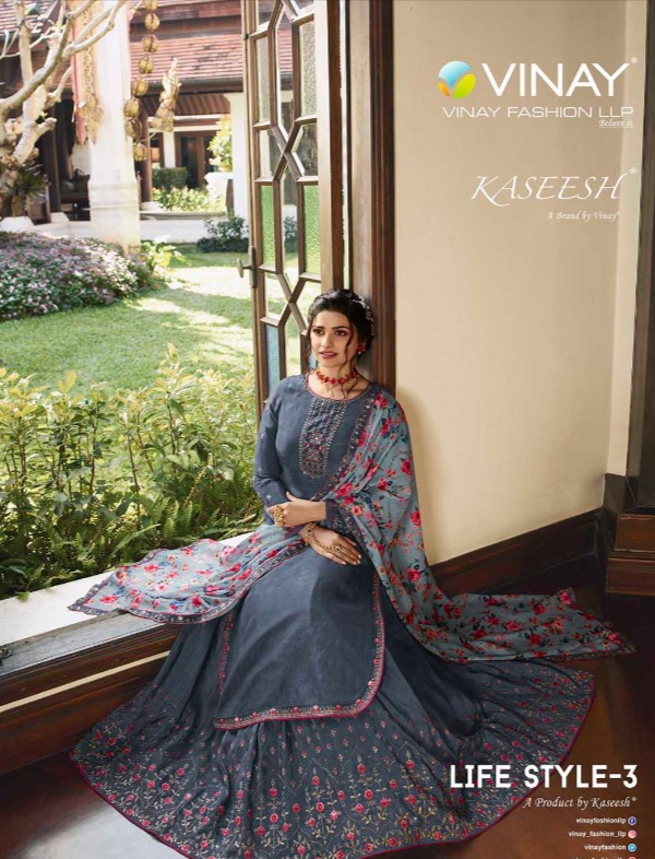 vinay fashion kaseesh lifestyle 3  muslin satin regal style sharara style salwar suit catalog