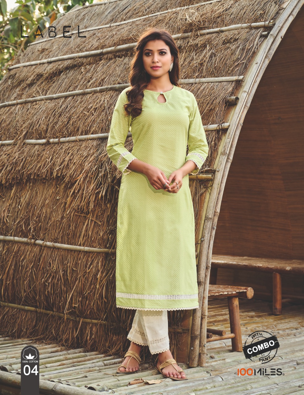 100 miles label cotton decent self work kurti with pant catalog