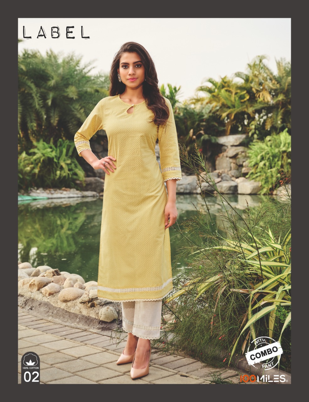 100 miles label cotton decent self work kurti with pant catalog