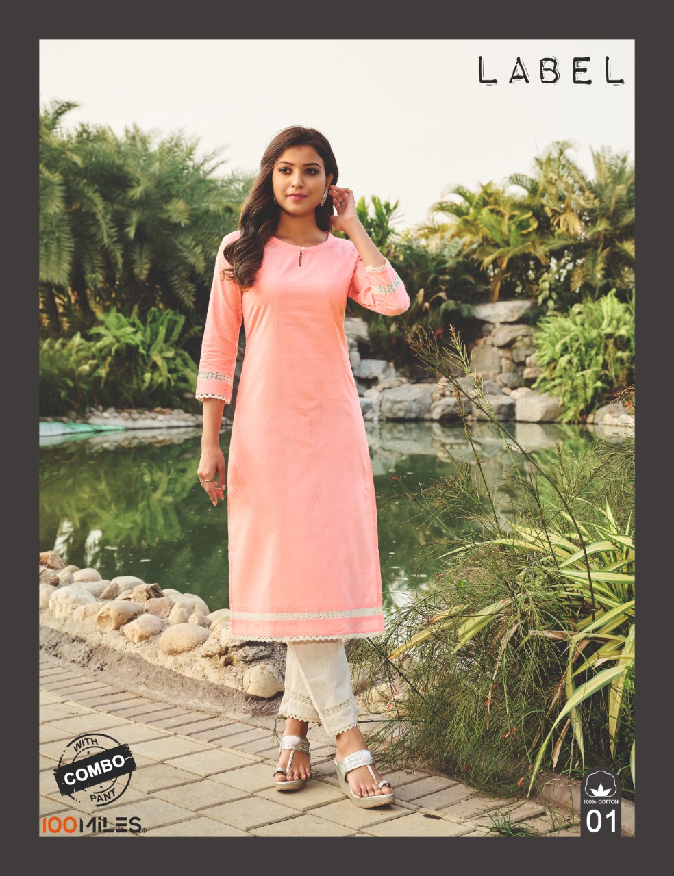 100 miles label cotton decent self work kurti with pant catalog