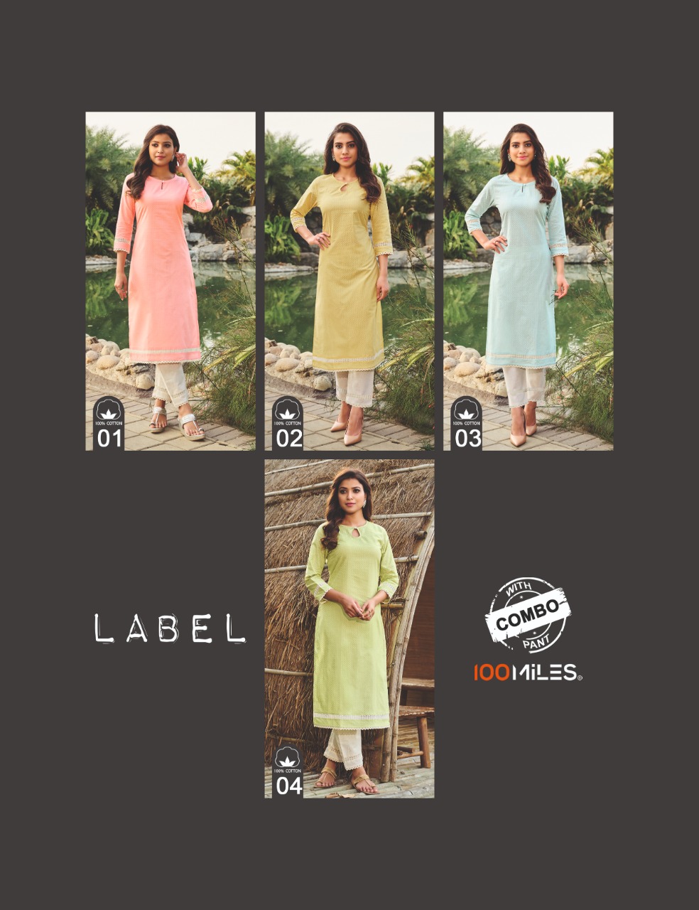 100 miles label cotton decent self work kurti with pant catalog