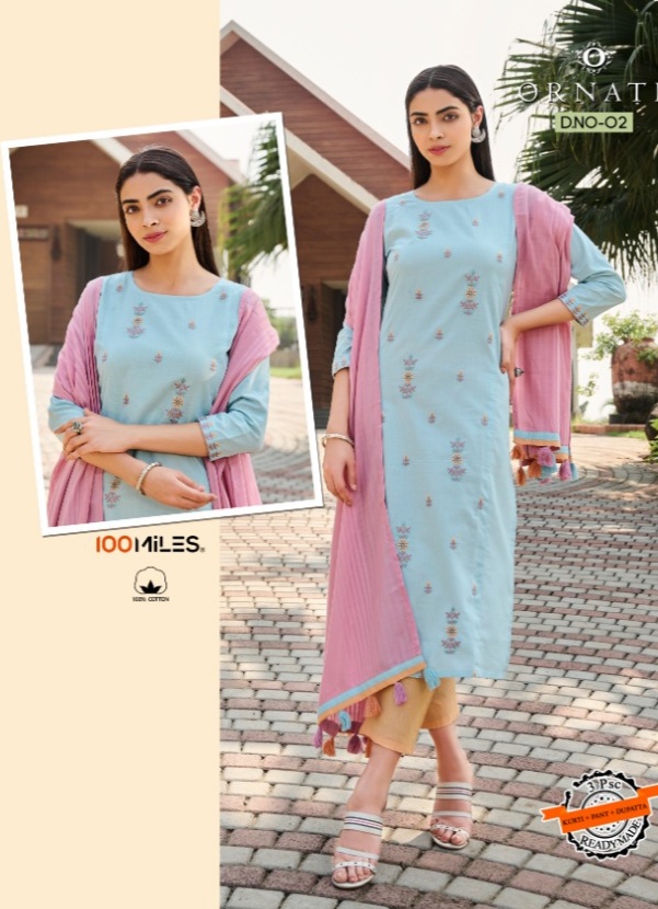 100 milles ornate cotton innovative style  kurtis with pants and dupatta catalog