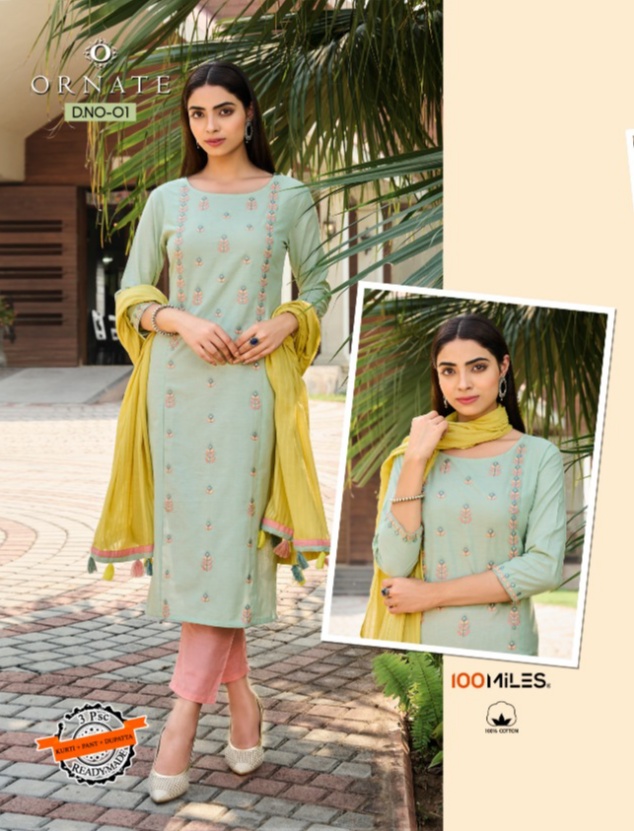 100 milles ornate cotton innovative style  kurtis with pants and dupatta catalog