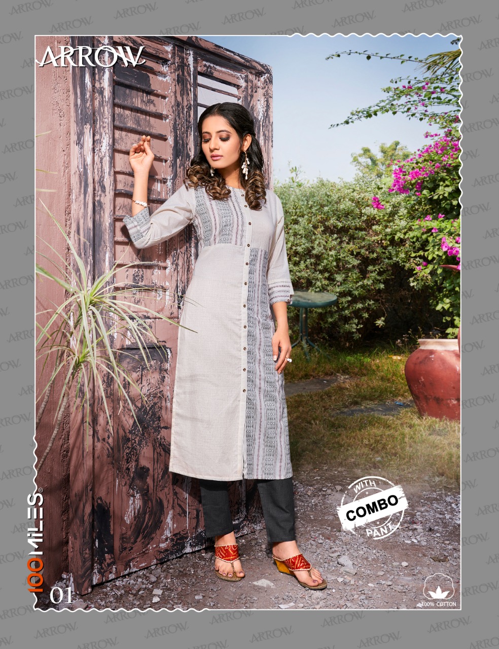 100 miles arrow affordable price Pure cotton patterned kurtis with combo pants catalog