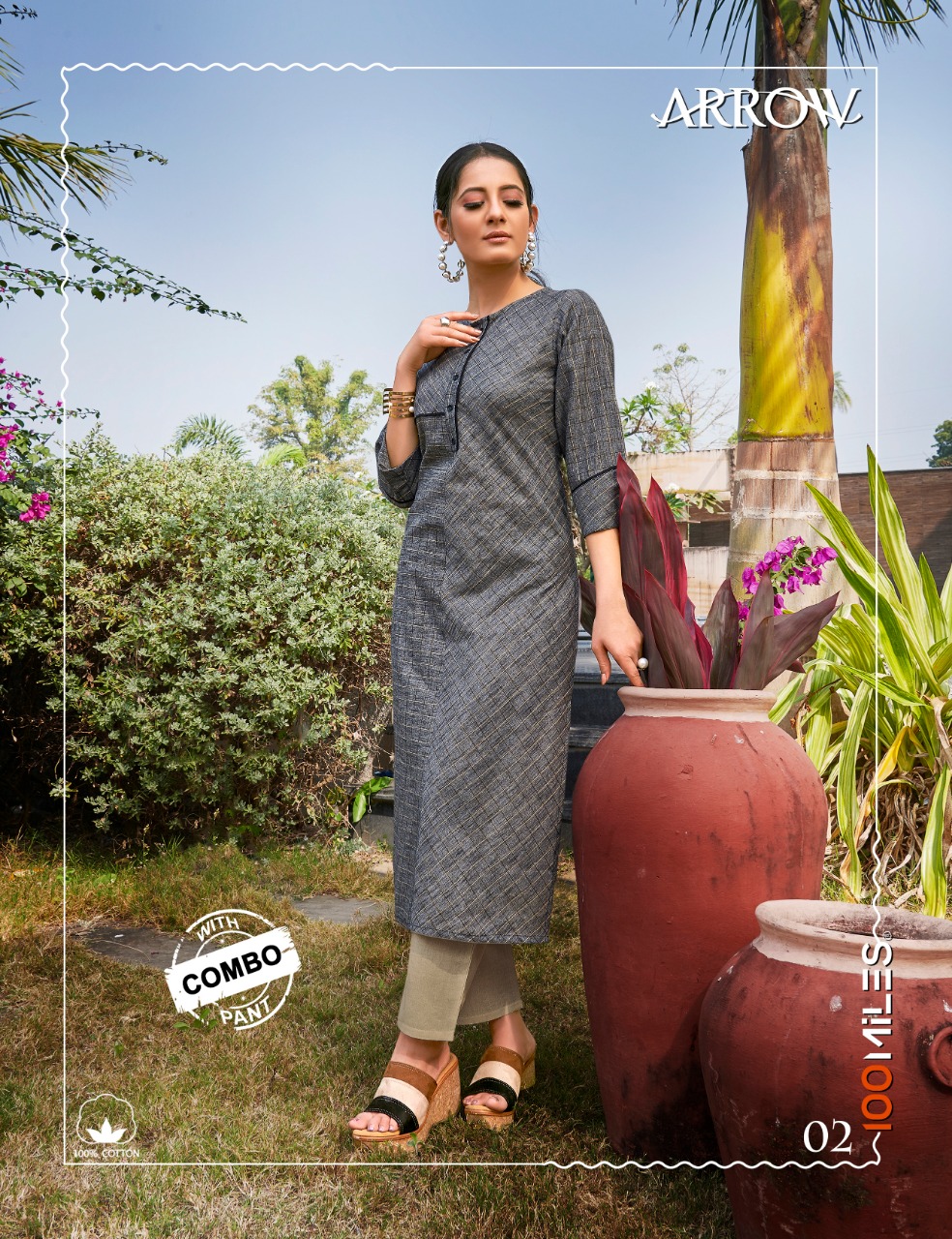 100 miles arrow affordable price Pure cotton patterned kurtis with combo pants catalog