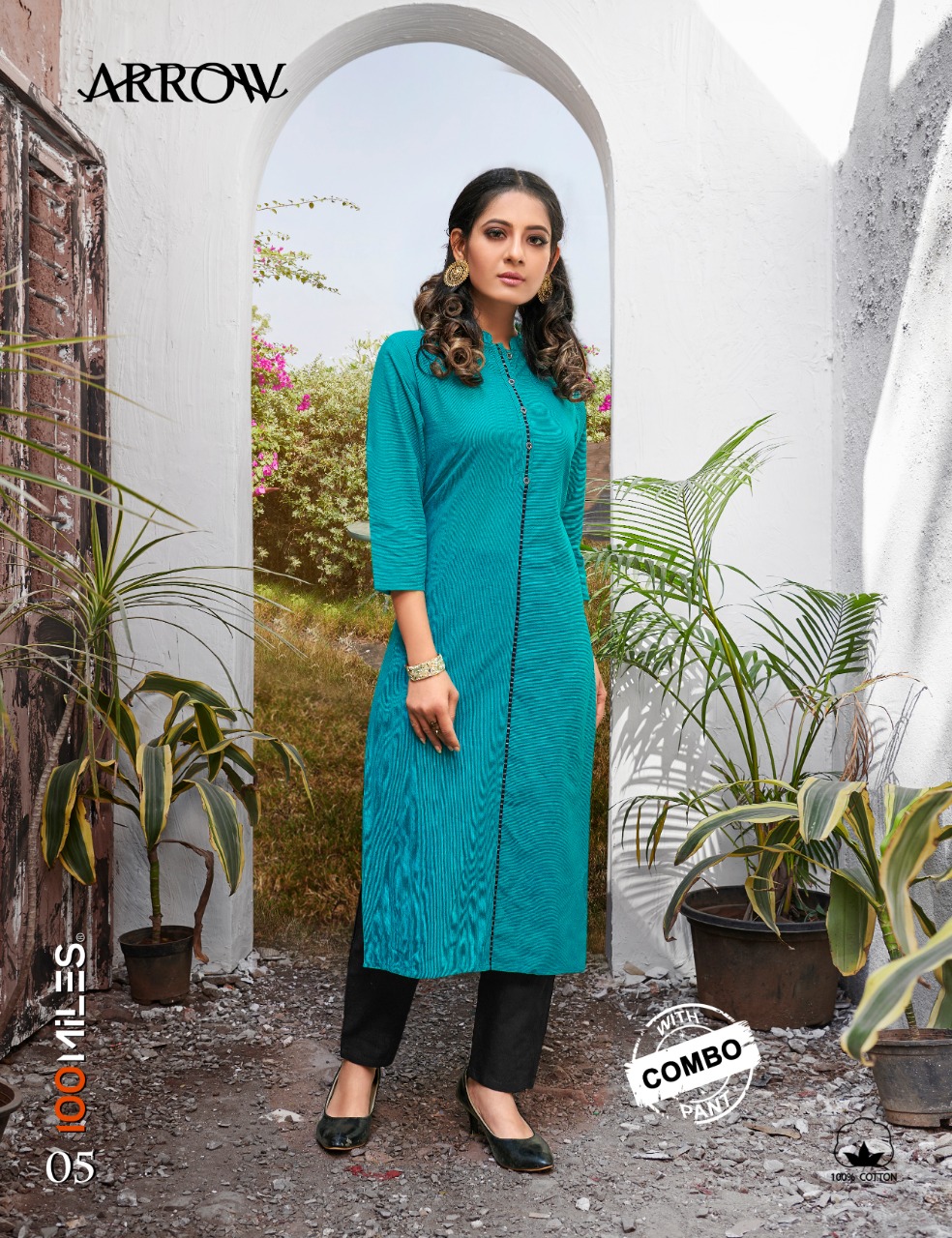 100 miles arrow affordable price Pure cotton patterned kurtis with combo pants catalog