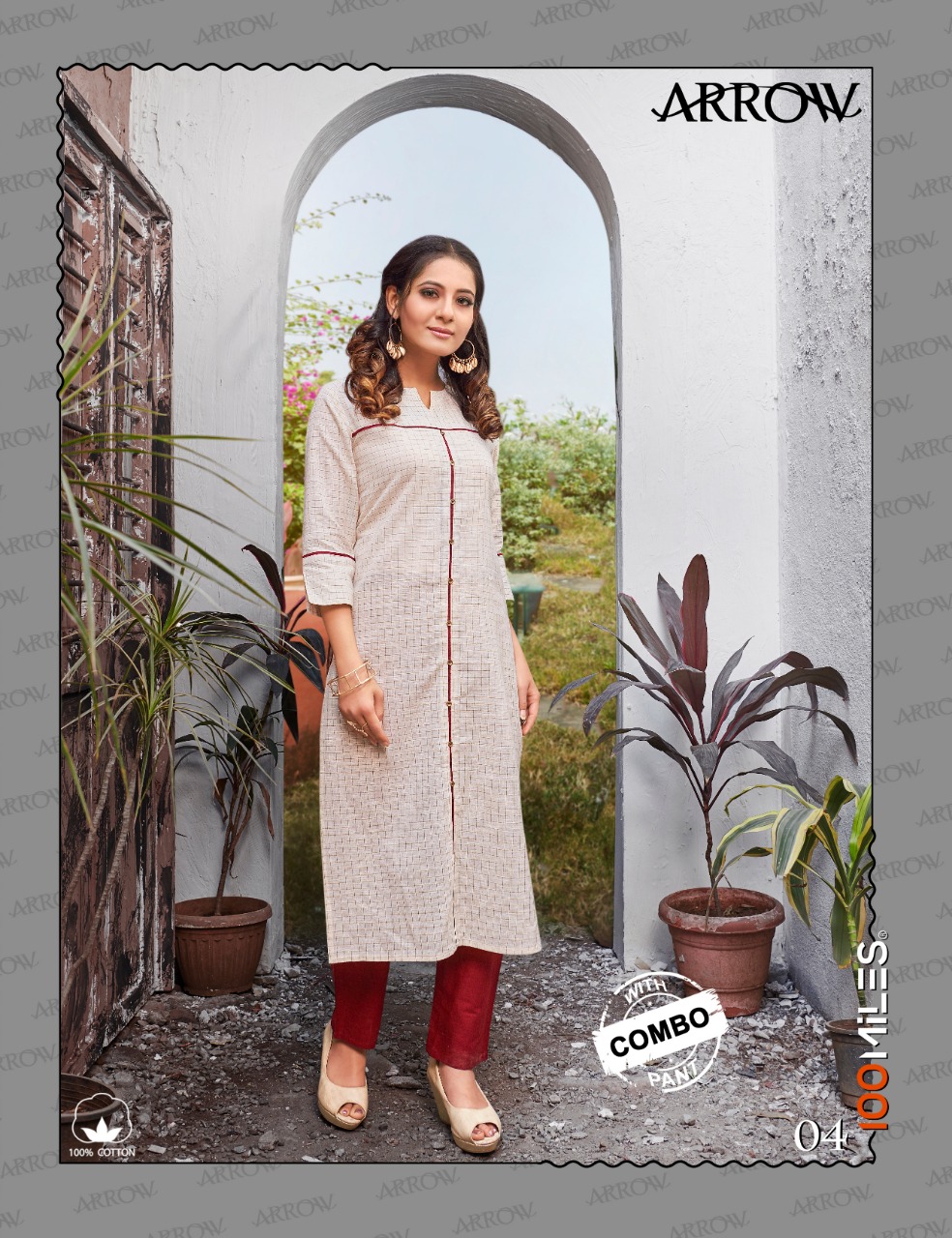 100 miles arrow affordable price Pure cotton patterned kurtis with combo pants catalog