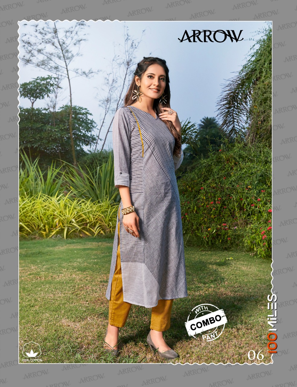 100 miles arrow affordable price Pure cotton patterned kurtis with combo pants catalog