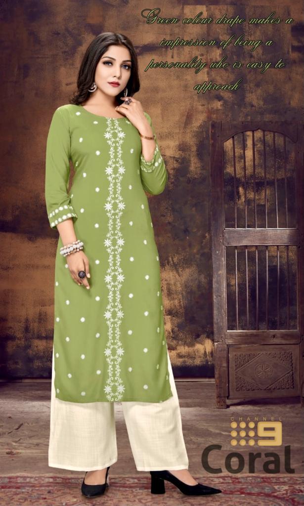 channel 9 coral rayon decent  Lucknowi style Embroidered kurti  catalog