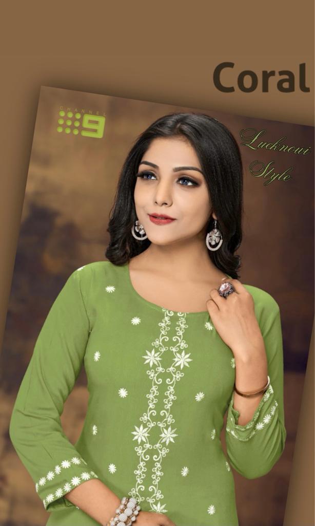 channel 9 coral rayon decent  Lucknowi style Embroidered kurti  catalog