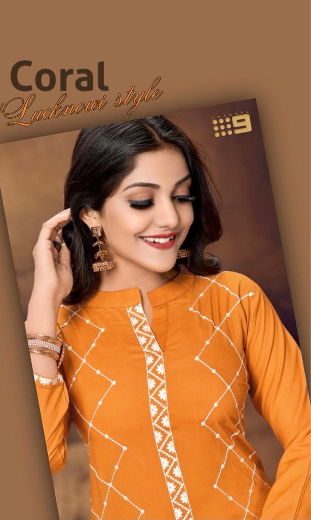 channel 9 coral rayon decent  Lucknowi style Embroidered kurti  catalog