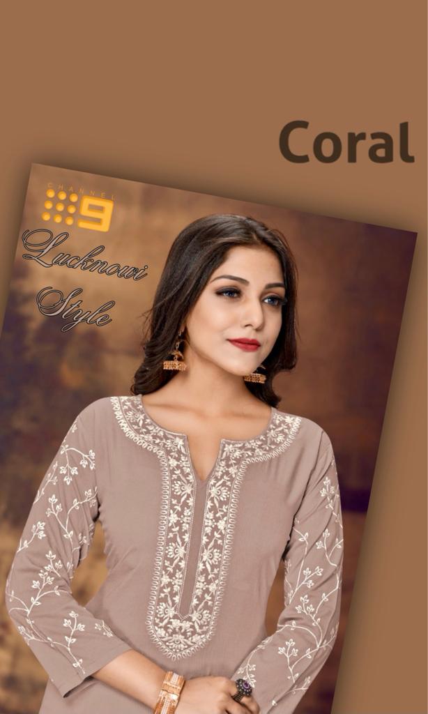 channel 9 coral rayon decent  Lucknowi style Embroidered kurti  catalog