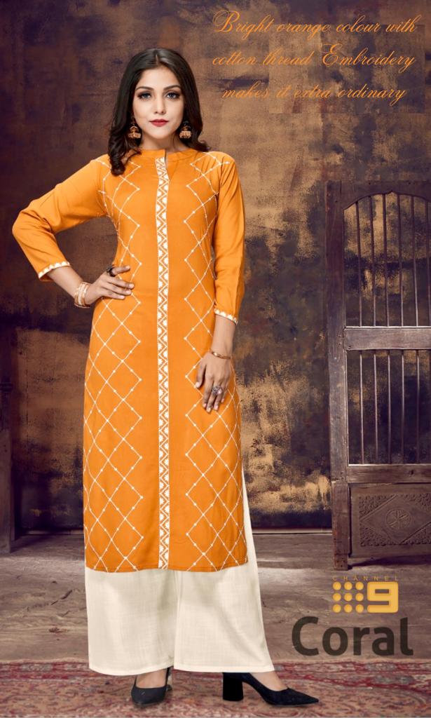 channel 9 coral rayon decent  Lucknowi style Embroidered kurti  catalog