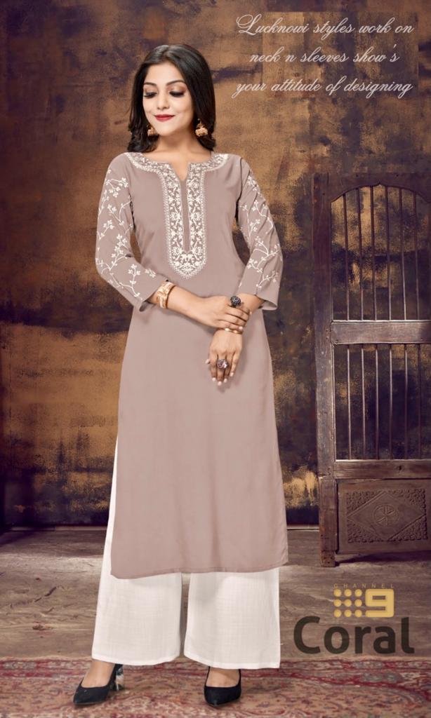 channel 9 coral rayon decent  Lucknowi style Embroidered kurti  catalog