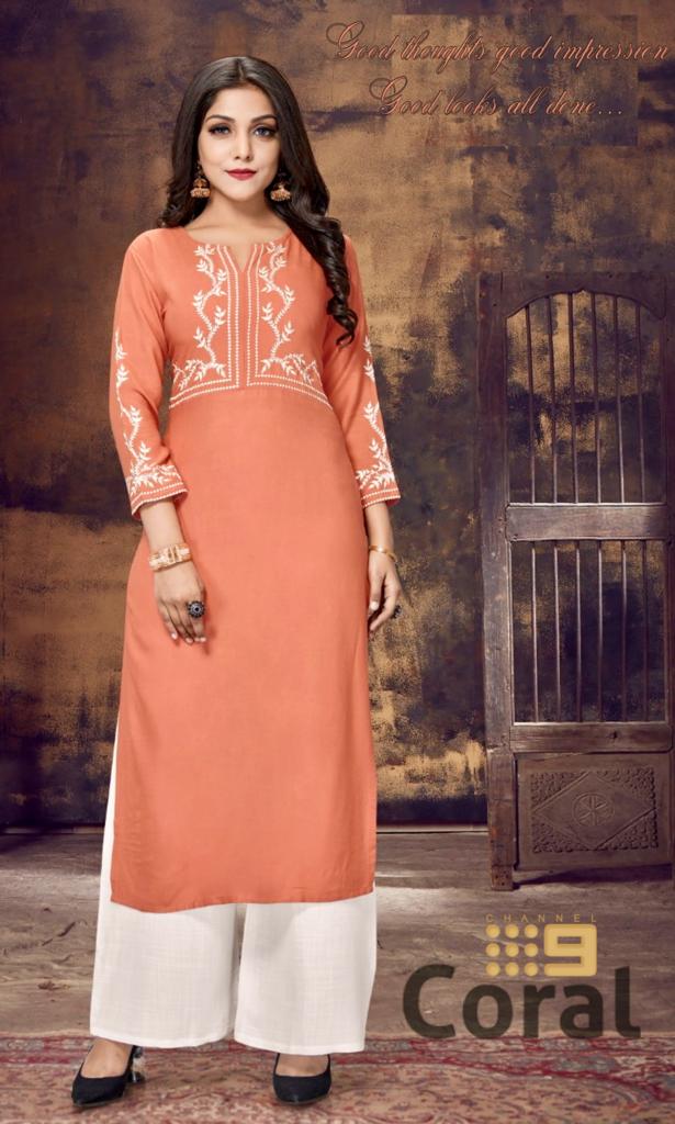 channel 9 coral rayon decent  Lucknowi style Embroidered kurti  catalog